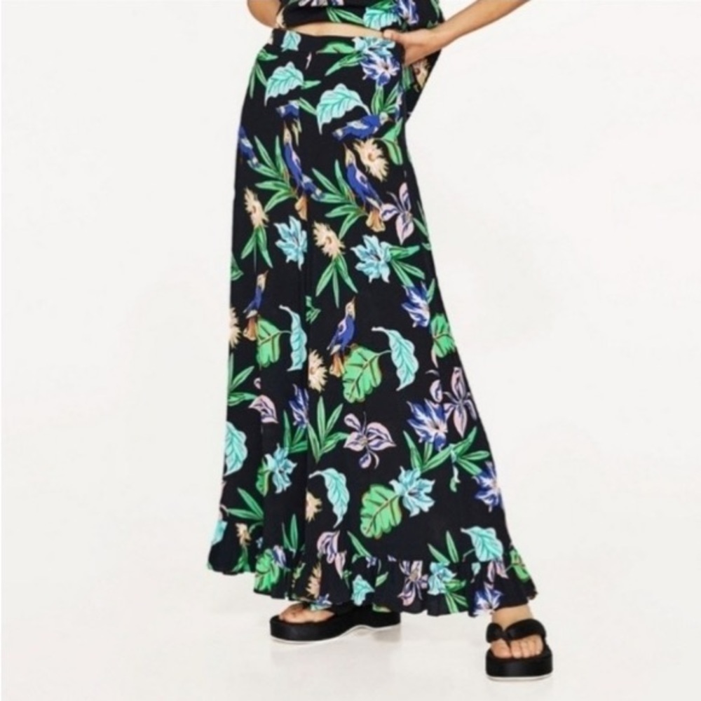 Zara Wide Leg Frill Trousers Tropical Floral Bird Print Pants Black Green XS